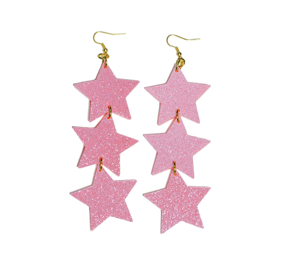 Pink Glitter Star Drops Earrings